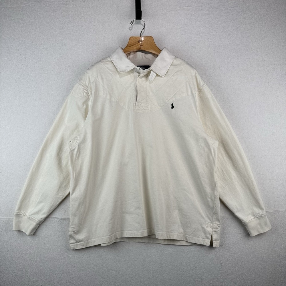 90s Vtg Polo Ralph Lauren Rugby Shirt 2XB Padded Shoulders/Elbows White *Read